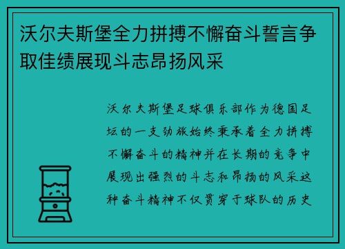 沃尔夫斯堡全力拼搏不懈奋斗誓言争取佳绩展现斗志昂扬风采