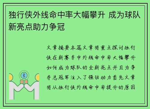 独行侠外线命中率大幅攀升 成为球队新亮点助力争冠