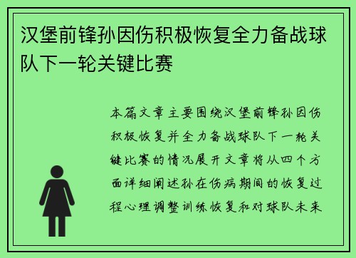 汉堡前锋孙因伤积极恢复全力备战球队下一轮关键比赛 汉堡前锋孙因伤积极恢复全力备战球队下一轮关键比赛