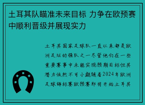 土耳其队瞄准未来目标 力争在欧预赛中顺利晋级并展现实力 土耳其队瞄准未来目标 力争在欧预赛中顺利晋级并展现实力